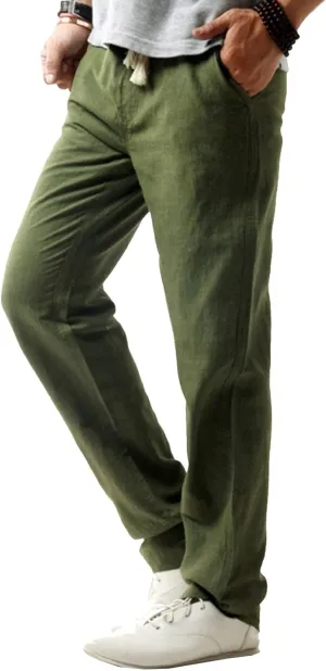 Men's Drawstring Cotton Linen Summer Pants Lightweight Solid Casual Beach Trousers Baggy Straight Leg Basic Pants