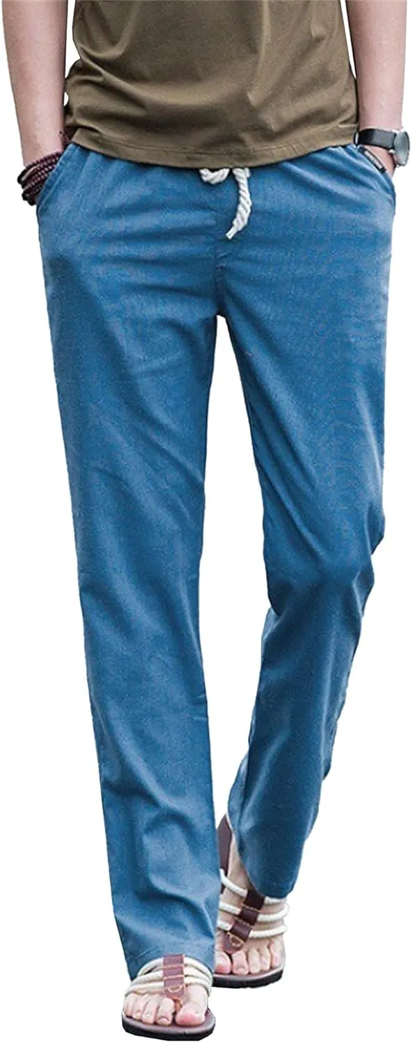 Men's Drawstring Cotton Linen Summer Pants Lightweight Solid Casual Beach Trousers Baggy Straight Leg Basic Pants