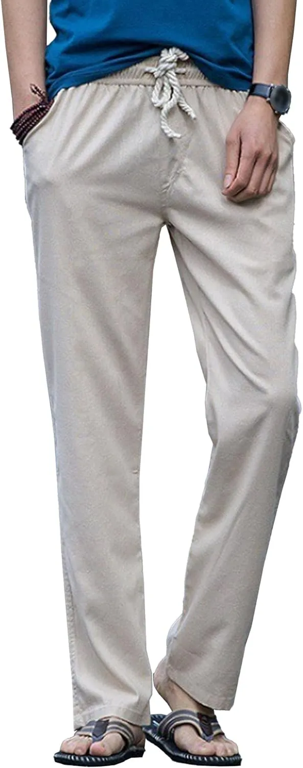 Men's Drawstring Cotton Linen Summer Pants Lightweight Solid Casual Beach Trousers Baggy Straight Leg Basic Pants