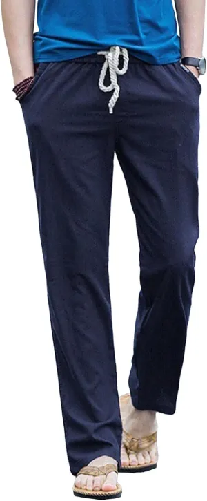 Men's Drawstring Cotton Linen Summer Pants Lightweight Solid Casual Beach Trousers Baggy Straight Leg Basic Pants