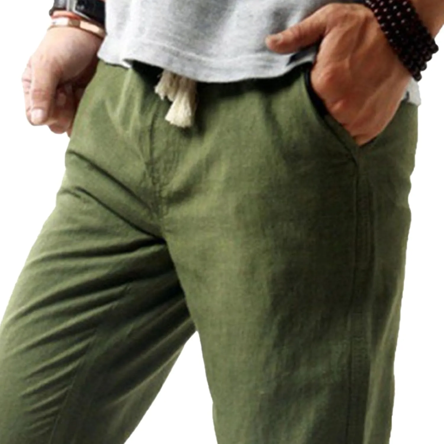 Men's Drawstring Cotton Linen Summer Pants Lightweight Solid Casual Beach Trousers Baggy Straight Leg Basic Pants