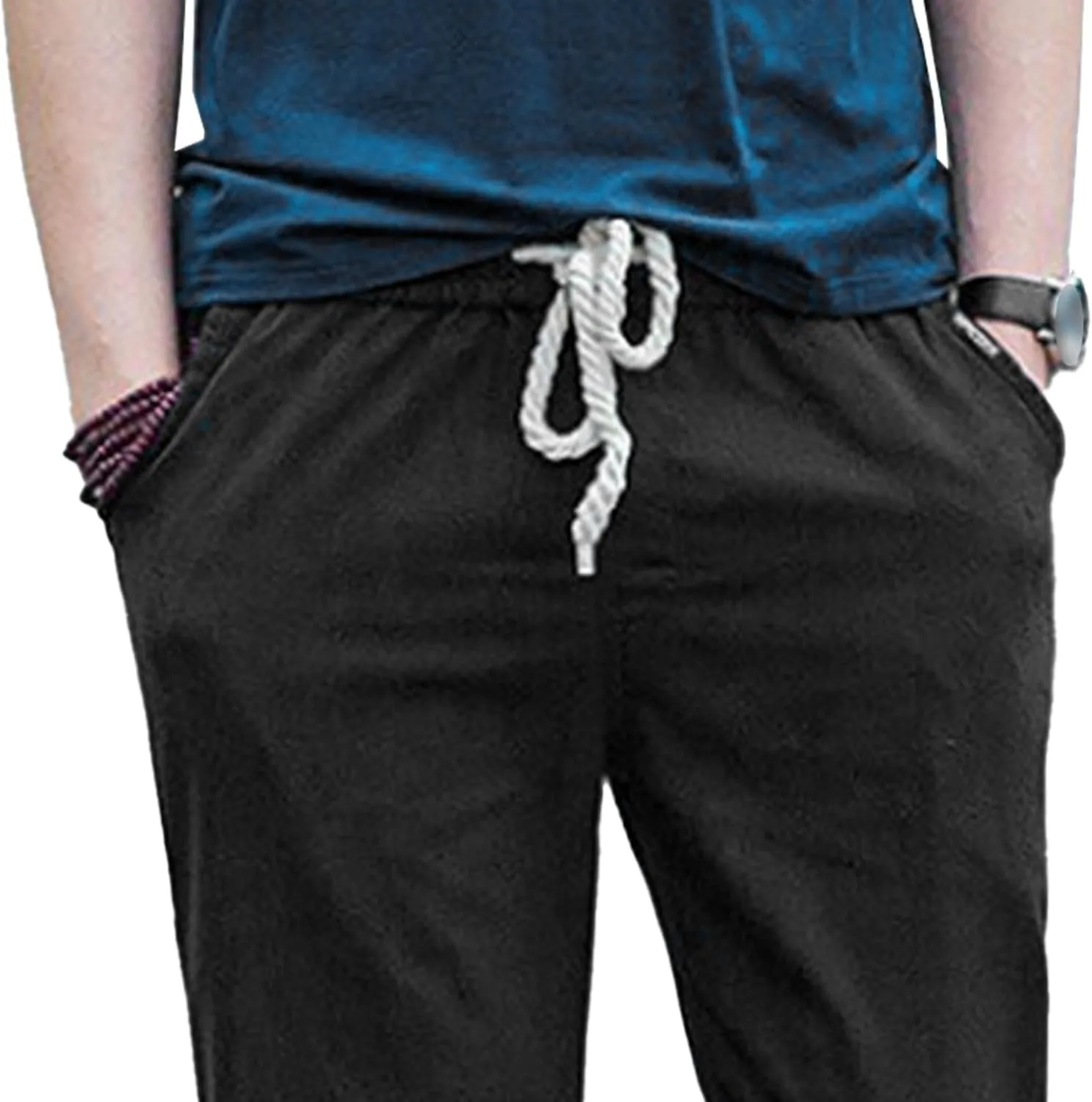 Men's Drawstring Cotton Linen Summer Pants Lightweight Solid Casual Beach Trousers Baggy Straight Leg Basic Pants