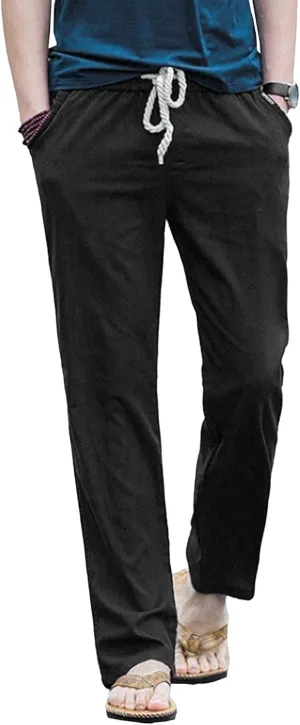 Men's Drawstring Cotton Linen Summer Pants Lightweight Solid Casual Beach Trousers Baggy Straight Leg Basic Pants