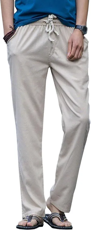 Men's Drawstring Cotton Linen Summer Pants Lightweight Solid Casual Beach Trousers Baggy Straight Leg Basic Pants