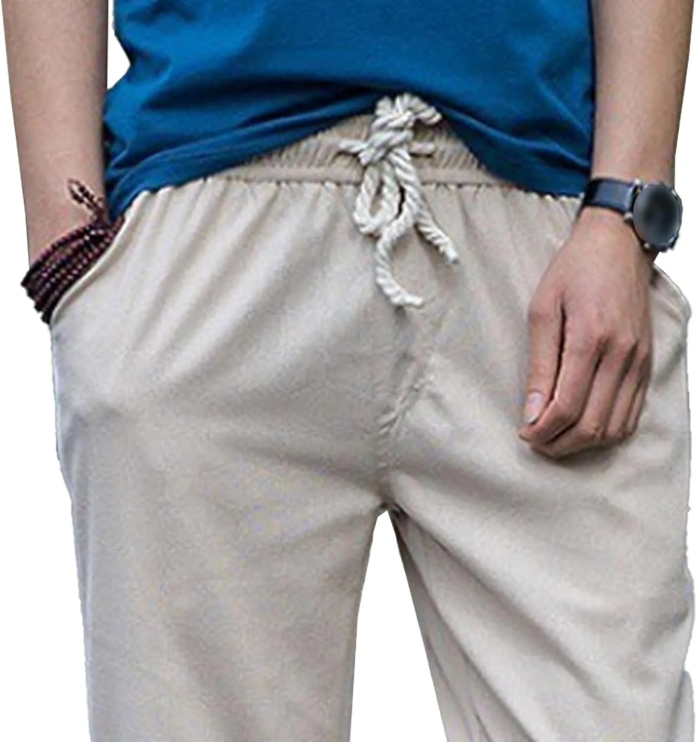 Men's Drawstring Cotton Linen Summer Pants Lightweight Solid Casual Beach Trousers Baggy Straight Leg Basic Pants