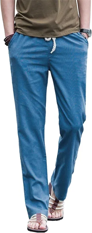 Men's Drawstring Cotton Linen Summer Pants Lightweight Solid Casual Beach Trousers Baggy Straight Leg Basic Pants