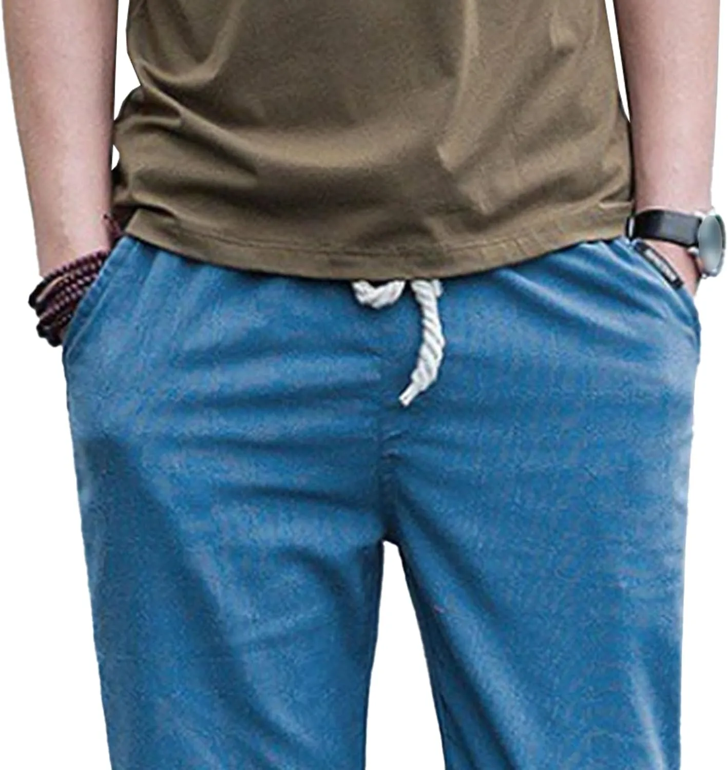 Men's Drawstring Cotton Linen Summer Pants Lightweight Solid Casual Beach Trousers Baggy Straight Leg Basic Pants