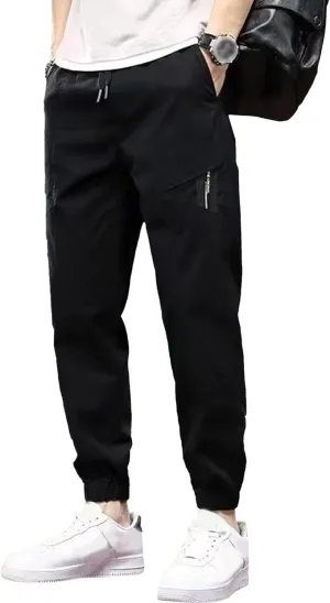 Men's Elastic Waist Outdoor Pants Twill Casual Regular Fit Cargo Trousers Solid Drawstring Tapered Pants