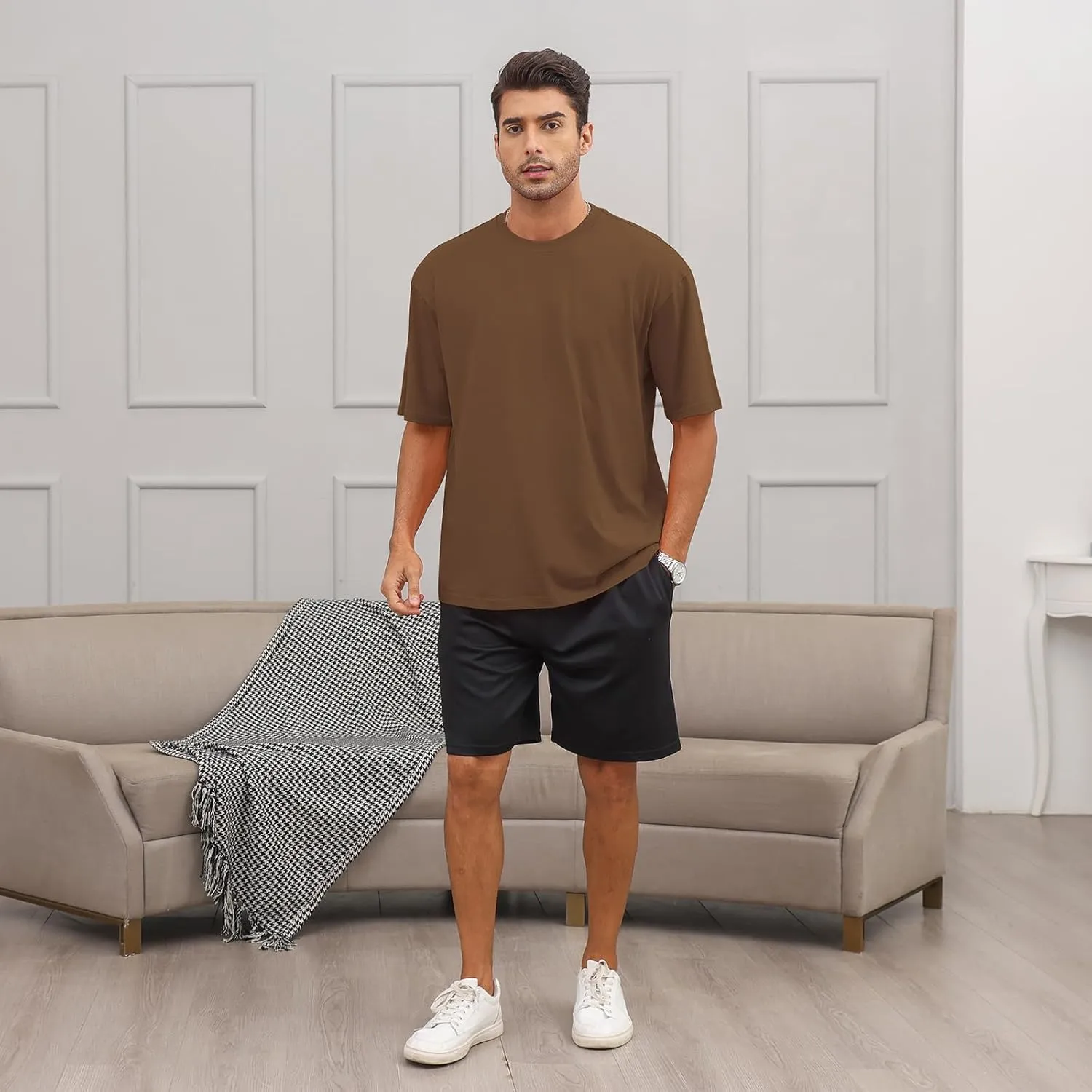 Men's Fashion Loose Fit T-Shirt Crew Neck Athletic Workout Tshirts Heavyweight Short Sleeve Premium Cotton Basic Tee
