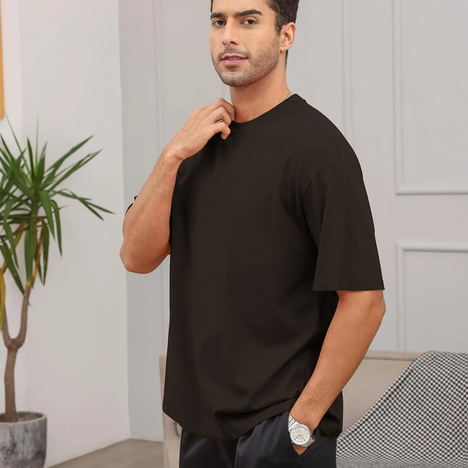 Men's Fashion Loose Fit T-Shirt Crew Neck Athletic Workout Tshirts Heavyweight Short Sleeve Premium Cotton Basic Tee