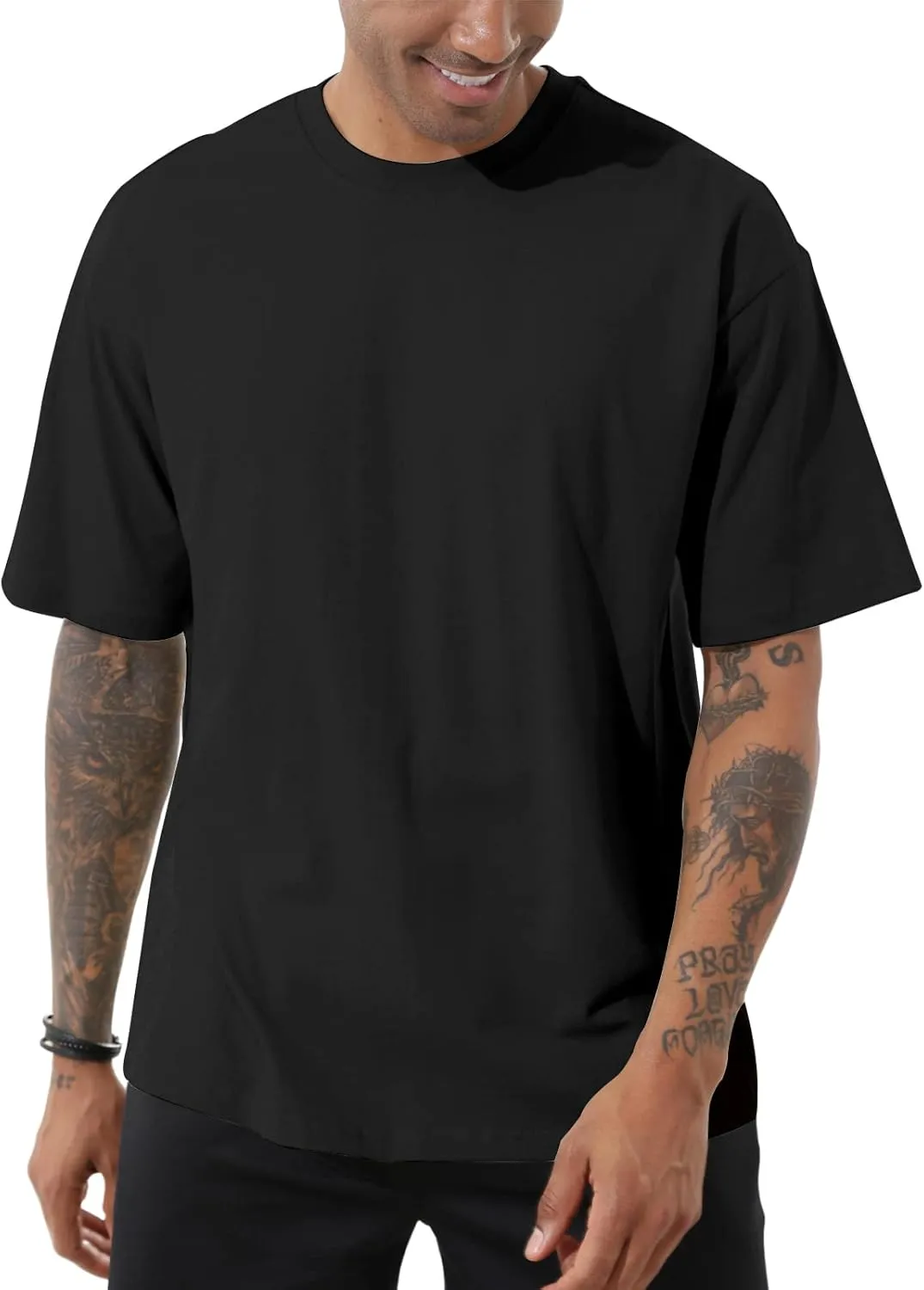 Men's Fashion Loose Fit T-Shirt Crew Neck Athletic Workout Tshirts Heavyweight Short Sleeve Premium Cotton Basic Tee