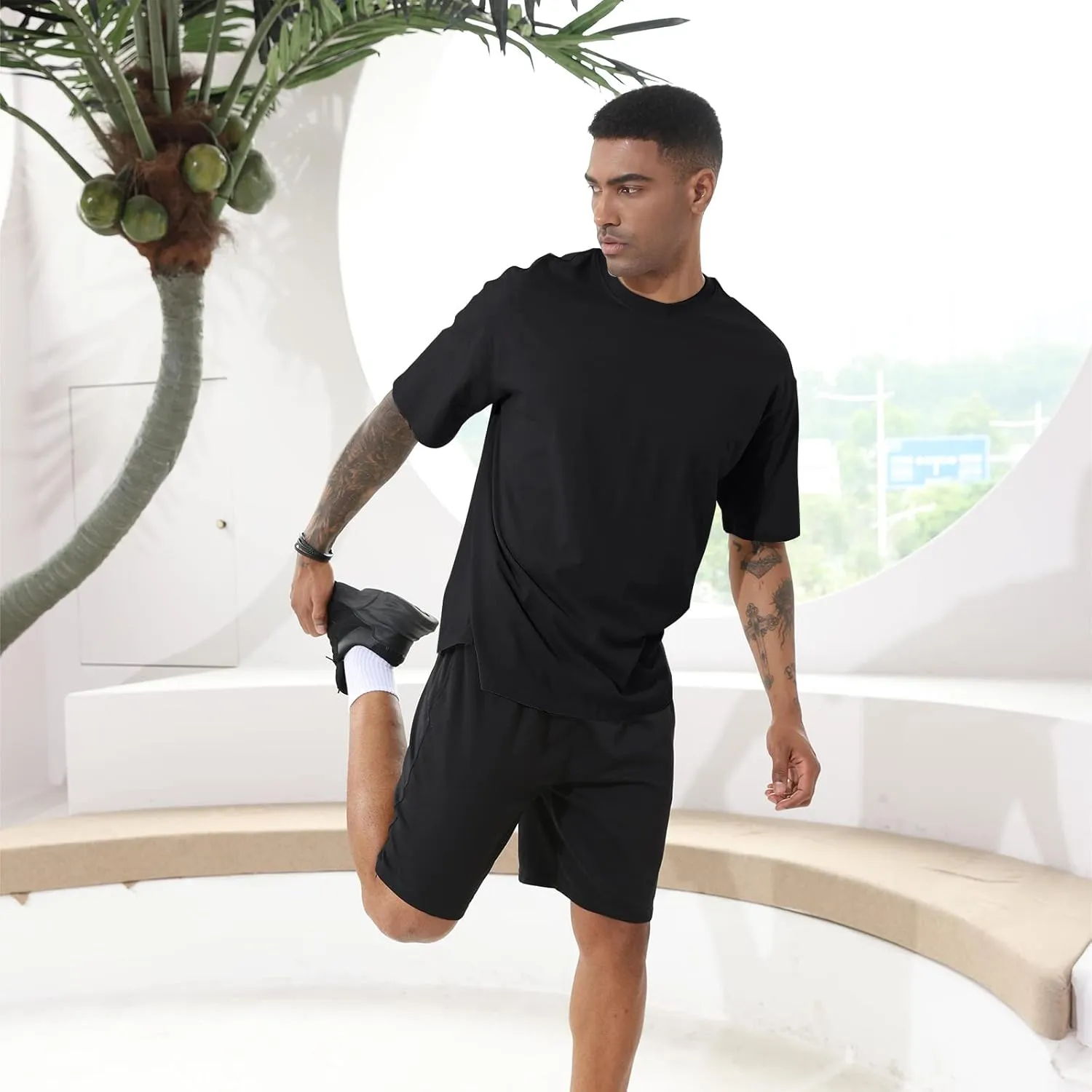 Men's Fashion Loose Fit T-Shirt Crew Neck Athletic Workout Tshirts Heavyweight Short Sleeve Premium Cotton Basic Tee