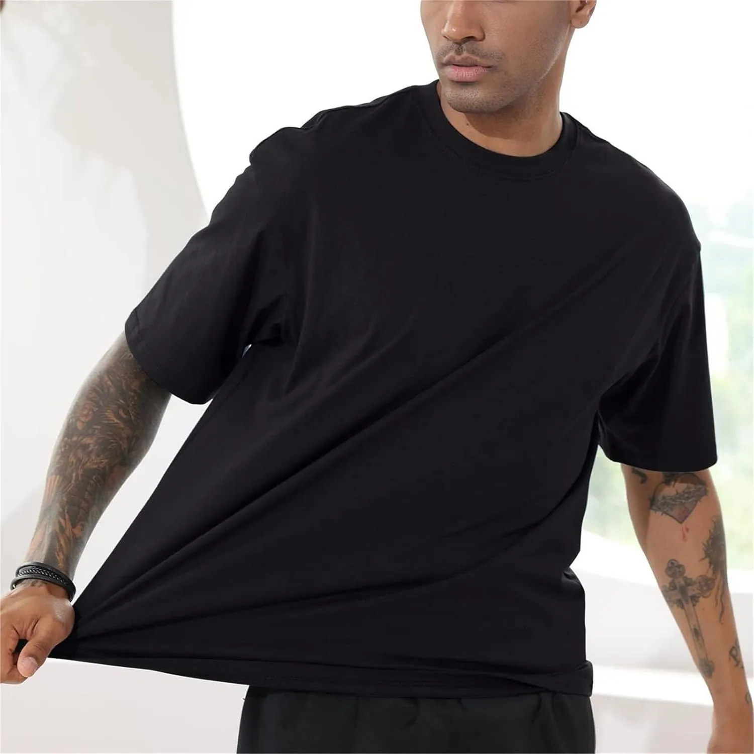 Men's Fashion Loose Fit T-Shirt Crew Neck Athletic Workout Tshirts Heavyweight Short Sleeve Premium Cotton Basic Tee