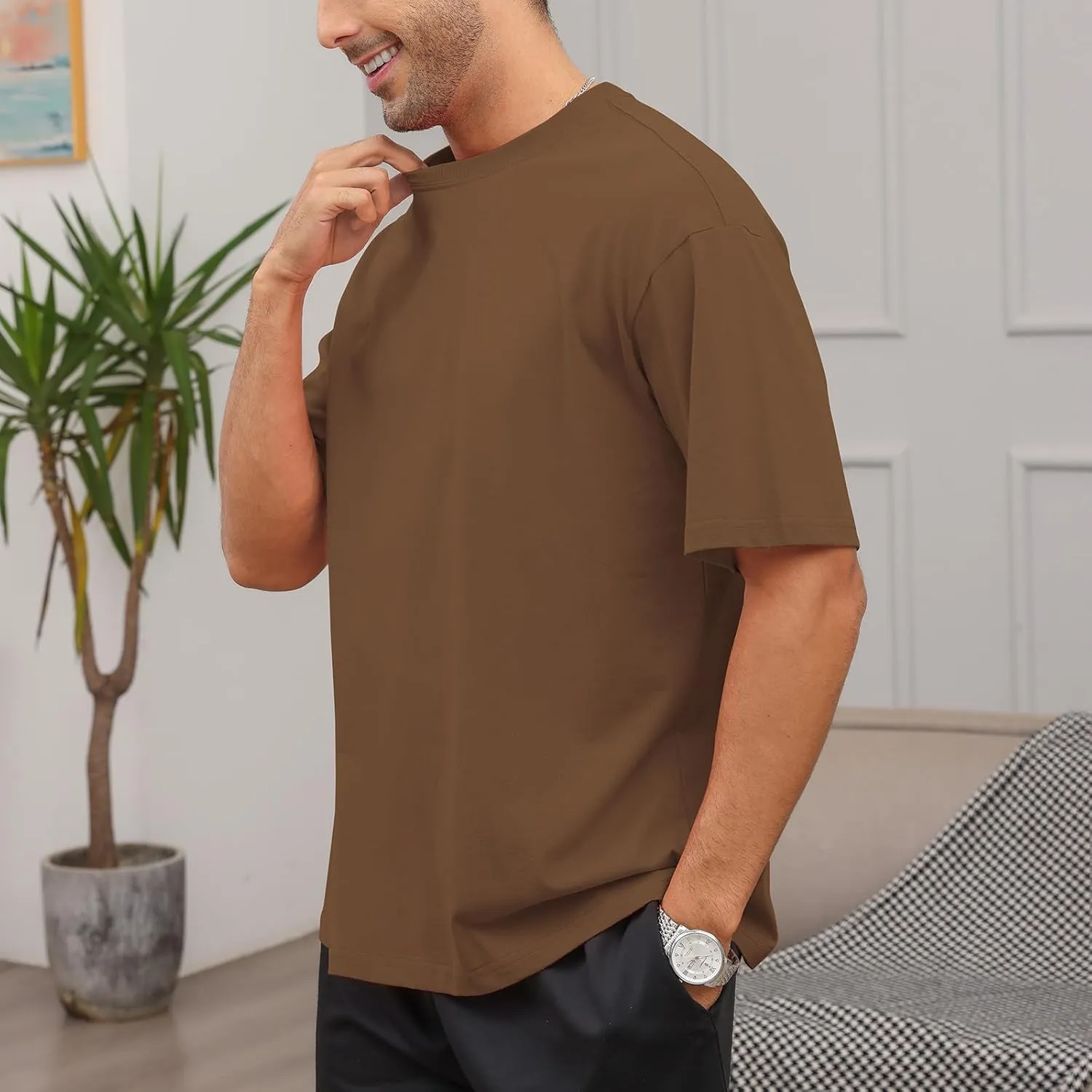 Men's Fashion Loose Fit T-Shirt Crew Neck Athletic Workout Tshirts Heavyweight Short Sleeve Premium Cotton Basic Tee