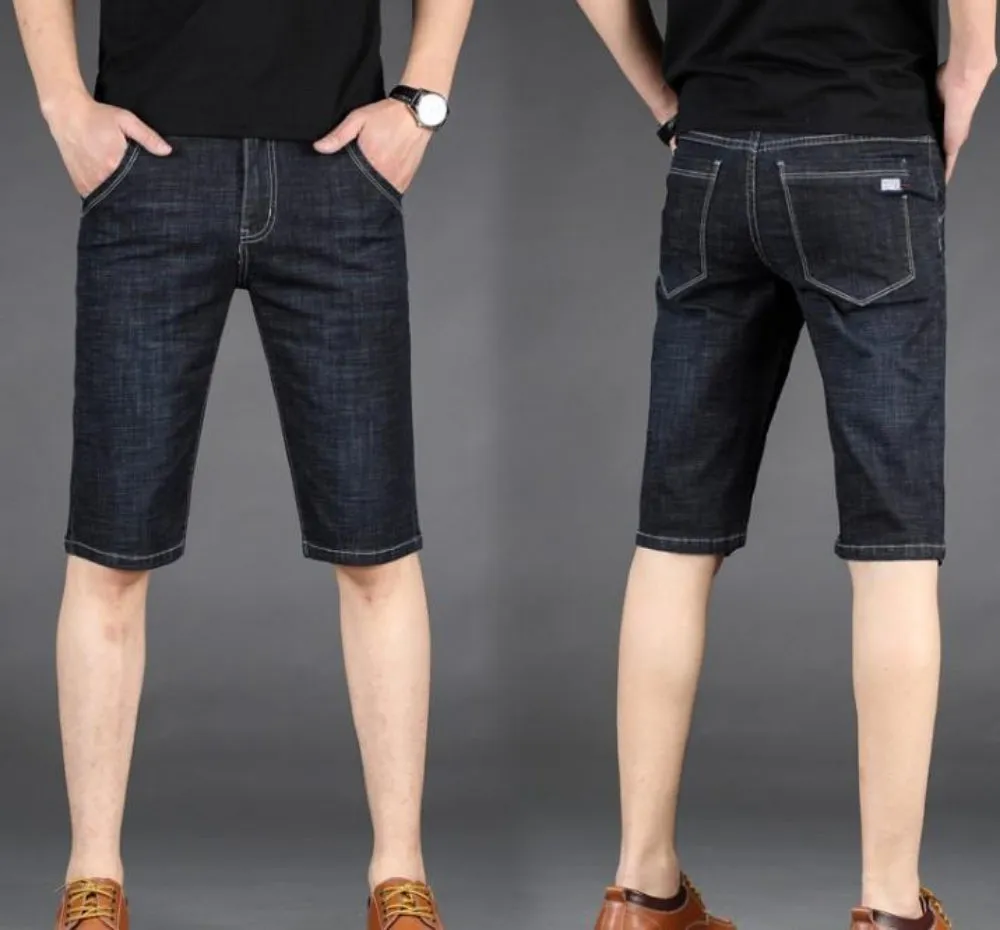 Mens Mid Length Black Denim Slim Fit Shorts