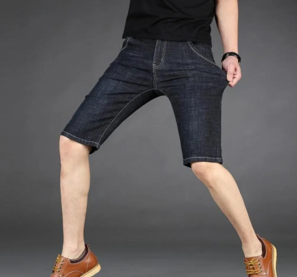 Mens Mid Length Black Denim Slim Fit Shorts