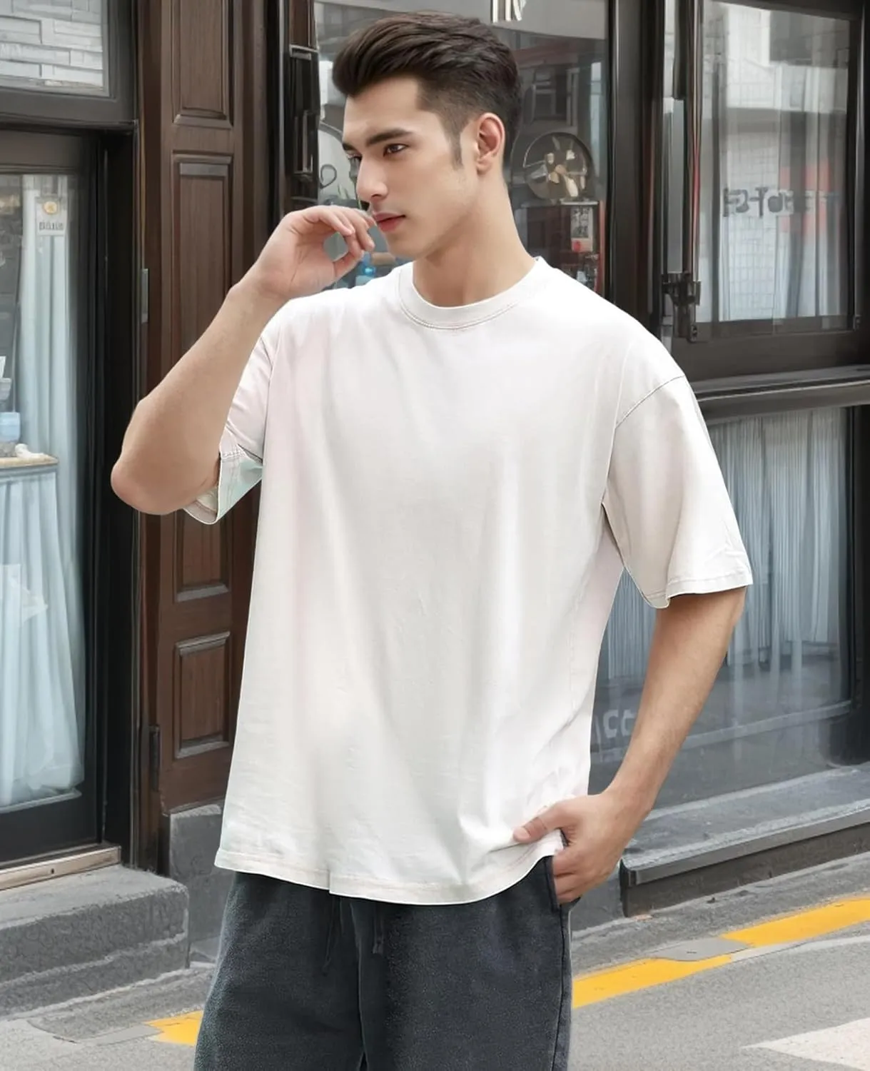 Men's Oversized T-Shirts Cotton Unisex Short Sleeves Casual Loose Wash Solid Basic Tee Tops