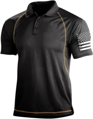 Men's Retro Polo Color Block Elastic Outdoor Sports Muscle America Flag Printing Short Sleeve Shirt Top