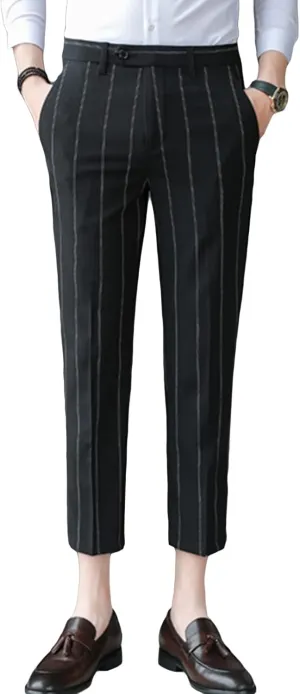 Men's Slim Fit Dress Pants Chinos Plaid Striped Stretch Pant Flat-Front Skinny Business Pencil Long Pants (33,Black)