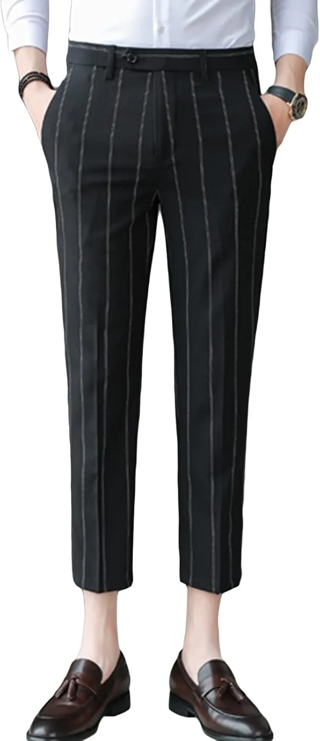 Men's Slim Fit Dress Pants Chinos Plaid Striped Stretch Pant Flat-Front Skinny Business Pencil Long Pants (33,Black)