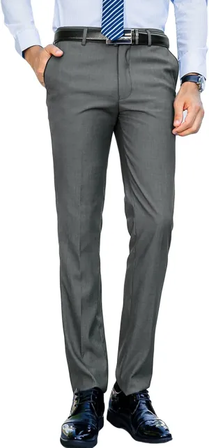 Men'S Slim-Fit Flat-Front Dress Pant Classic Business Chino Trousers Solid Color Skinny Comfort Wedding Pant (28,Grey)