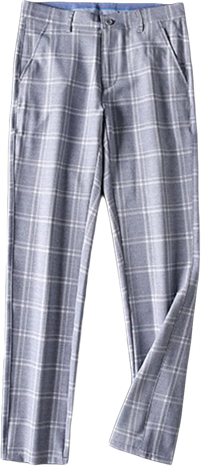 Men's Slim-Fit Flat-Front Dress Pant Straight Fit Plaid Stretch Skinny Casual Business Dress Chinos Pants (32,Light Blue)