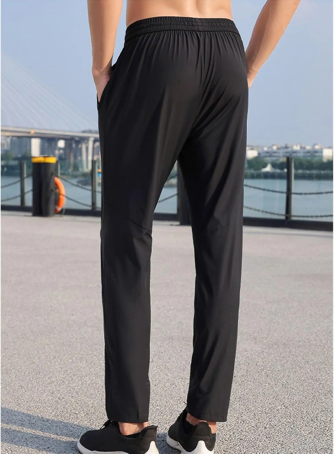 Men's Straight Leg Drawstring Workout Pants Stretch Slim Fit Athletic Trousers Quick Dry Casual Summer Sweatpants