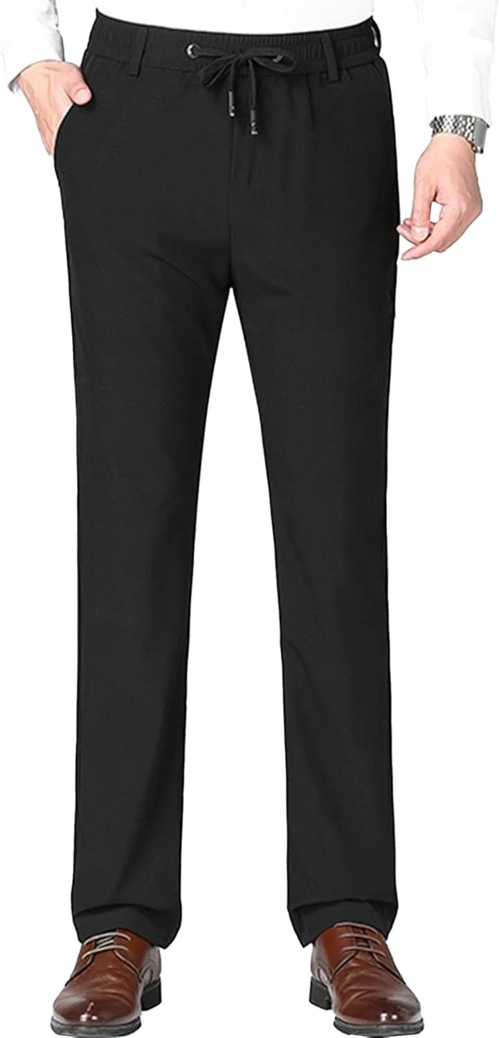Men's Stretch Casual Straight Leg Dress Pants Drawstring Elastic Waist Solid Trousers Quick Dry Summer Outdoor Pants