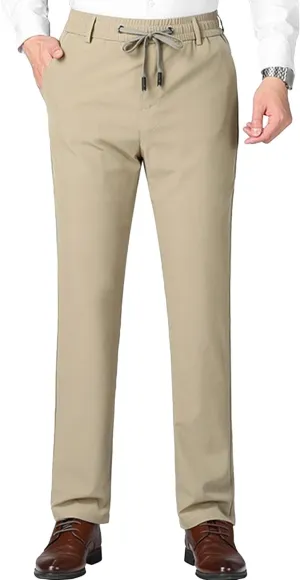 Men's Stretch Casual Straight Leg Dress Pants Drawstring Elastic Waist Solid Trousers Quick Dry Summer Outdoor Pants