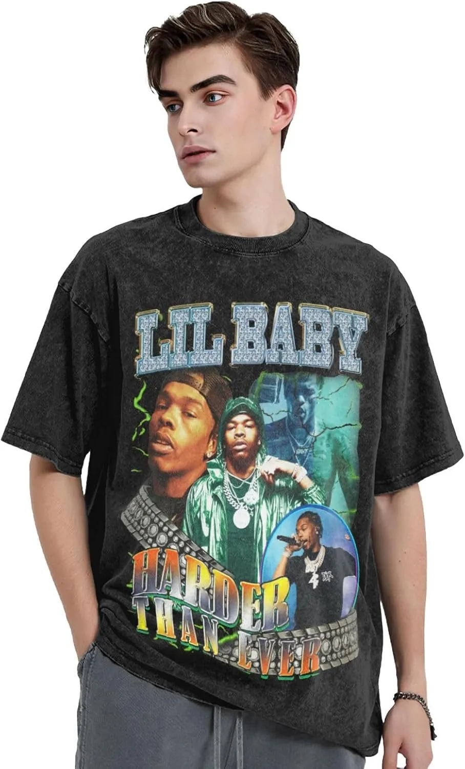 Mens Vintage Oversized Drop Shoulder Novelty T-Shirts Loose Wash Solid Tee Tops