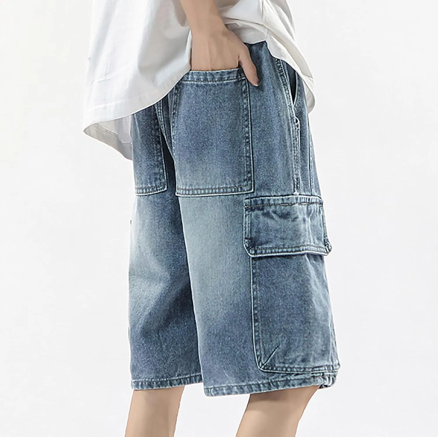 Men's Wide Leg Y2K Hip Hop Mid Jean Shorts Work Denim Shorts with Pockets Aesthetic Pants Streetwear Clothes