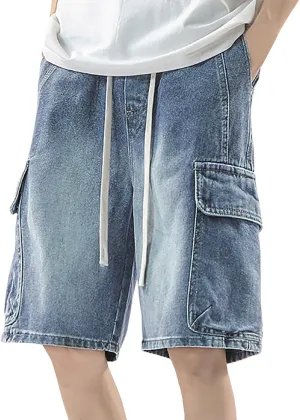 Men's Wide Leg Y2K Hip Hop Mid Jean Shorts Work Denim Shorts with Pockets Aesthetic Pants Streetwear Clothes