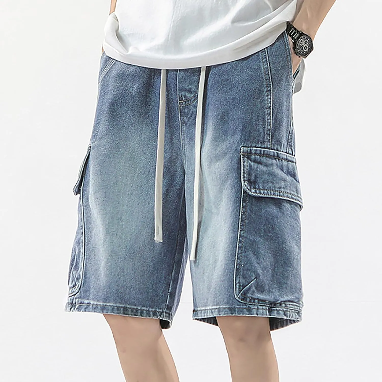 Men's Wide Leg Y2K Hip Hop Mid Jean Shorts Work Denim Shorts with Pockets Aesthetic Pants Streetwear Clothes