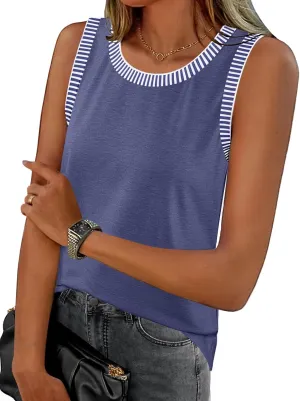 MEROKEETY Women's 2025 Summer Casual Sleeveless Tank Top Crew Neck Striped Color Block T Shirts