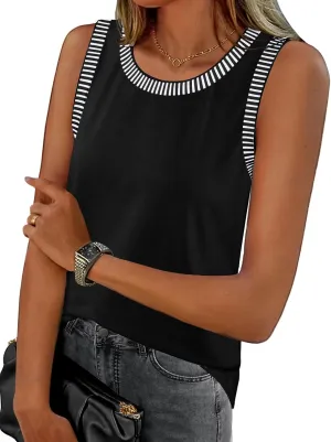 MEROKEETY Women's 2025 Summer Casual Sleeveless Tank Top Crew Neck Striped Color Block T Shirts