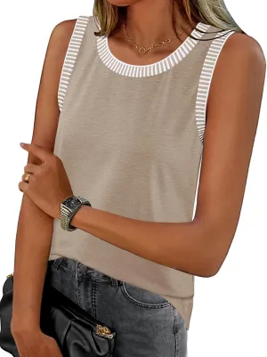 MEROKEETY Women's 2025 Summer Casual Sleeveless Tank Top Crew Neck Striped Color Block T Shirts