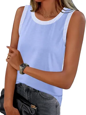 MEROKEETY Women's 2025 Summer Casual Sleeveless Tank Top Crew Neck Striped Color Block T Shirts
