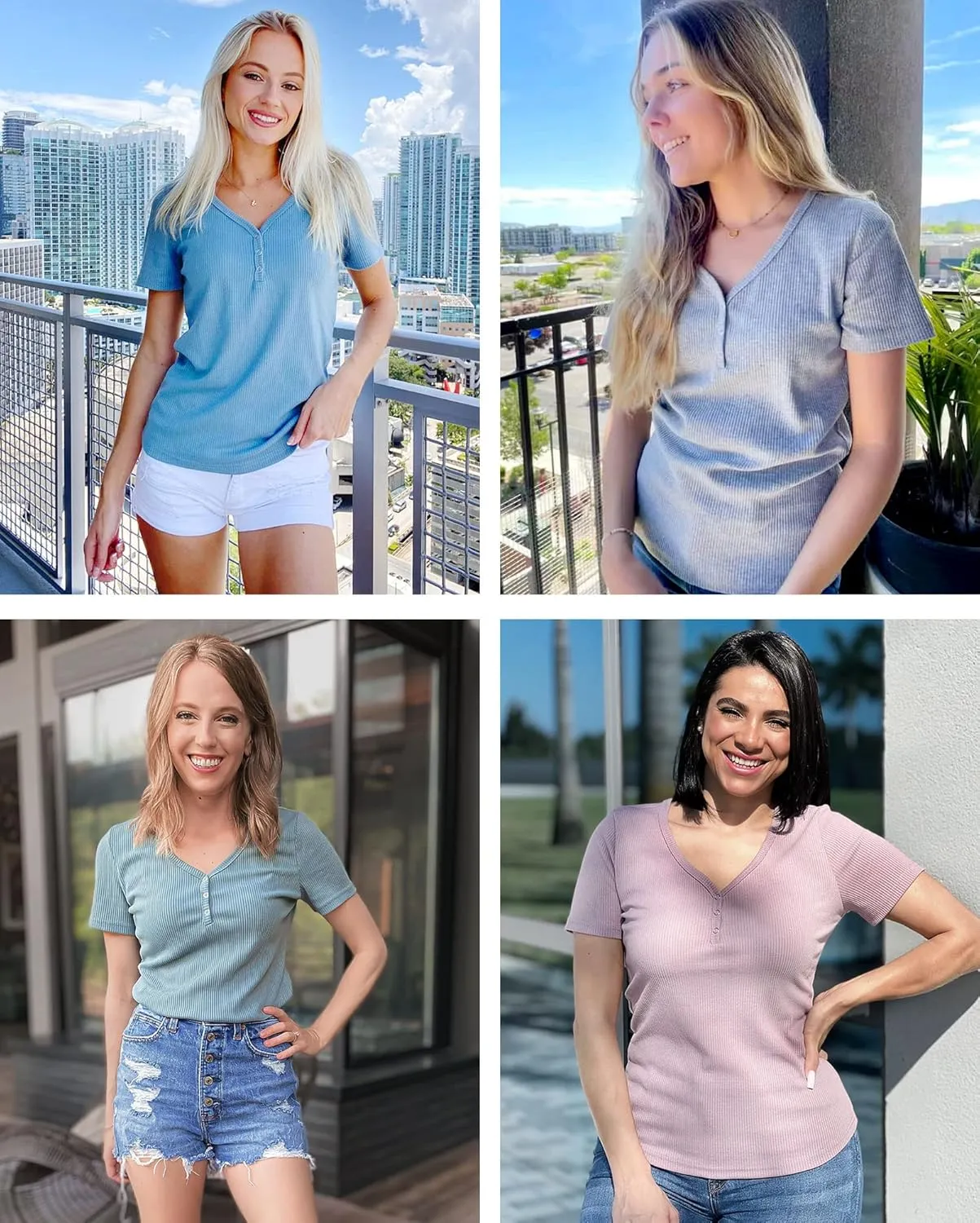 MEROKEETY Women's Short Sleeve V Neck Ribbed Knit Button T Shirts Henley Solid Color Summer Tops