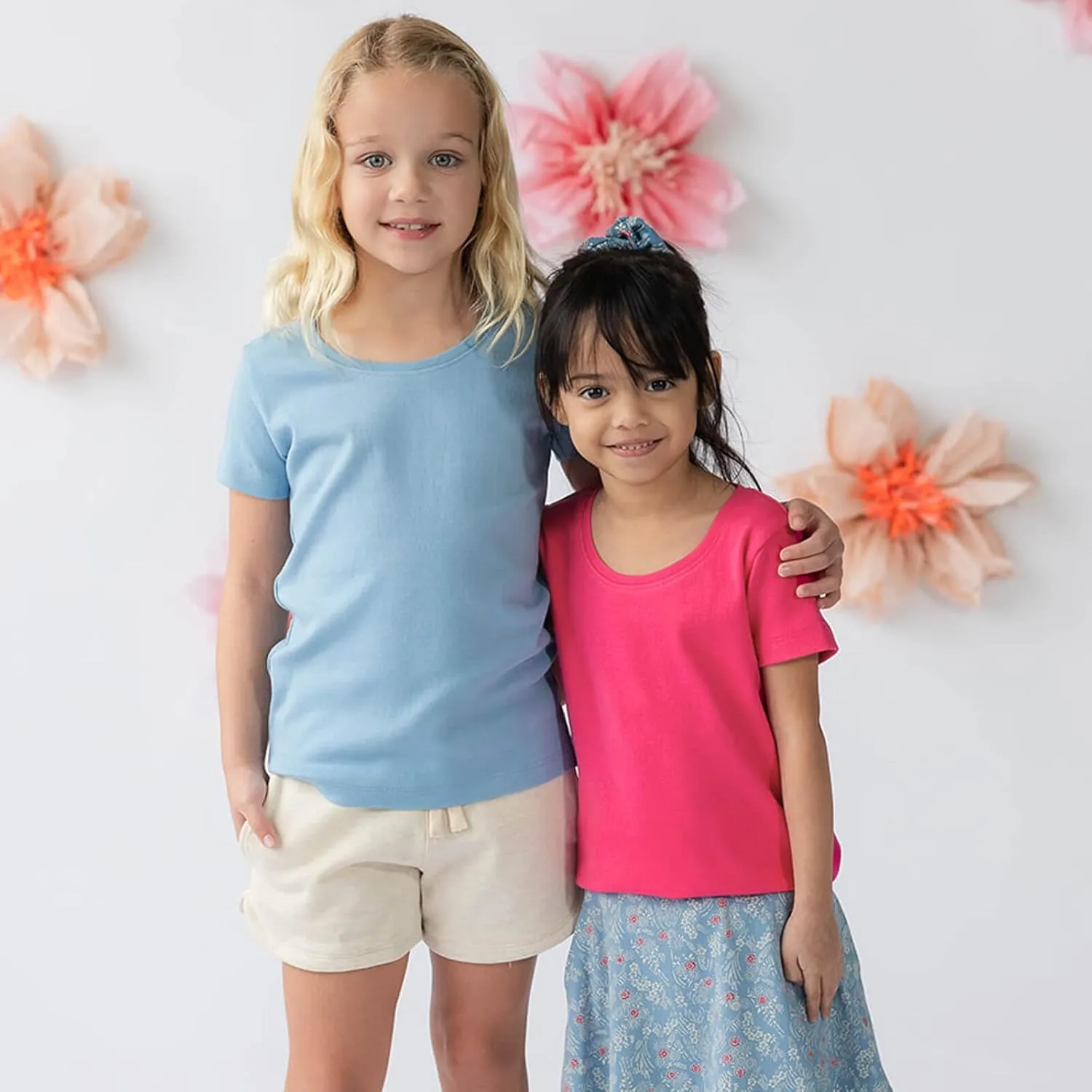 Mightly Girls' Rib Scooped Neck Short Sleeve T Shirts | 100% Organic Cotton, Colorful Casual Stylish Clothes