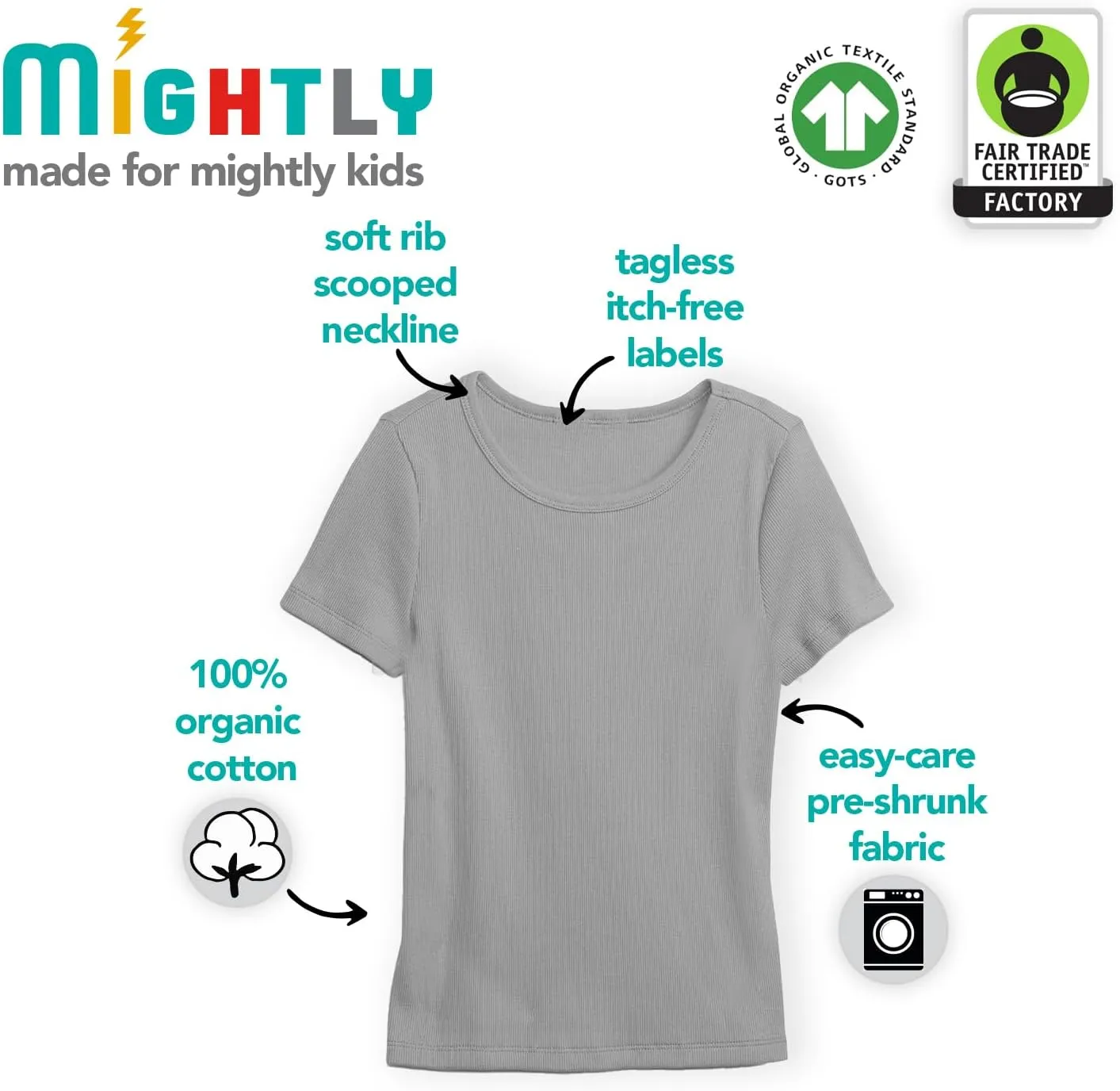 Mightly Girls' Rib Scooped Neck Short Sleeve T Shirts | 100% Organic Cotton, Colorful Casual Stylish Clothes