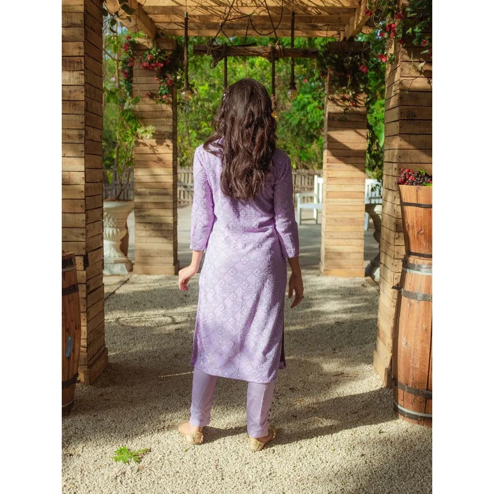 MONK & MEI Malak Straight Chikankari Kurta and Pant (Set of 2)