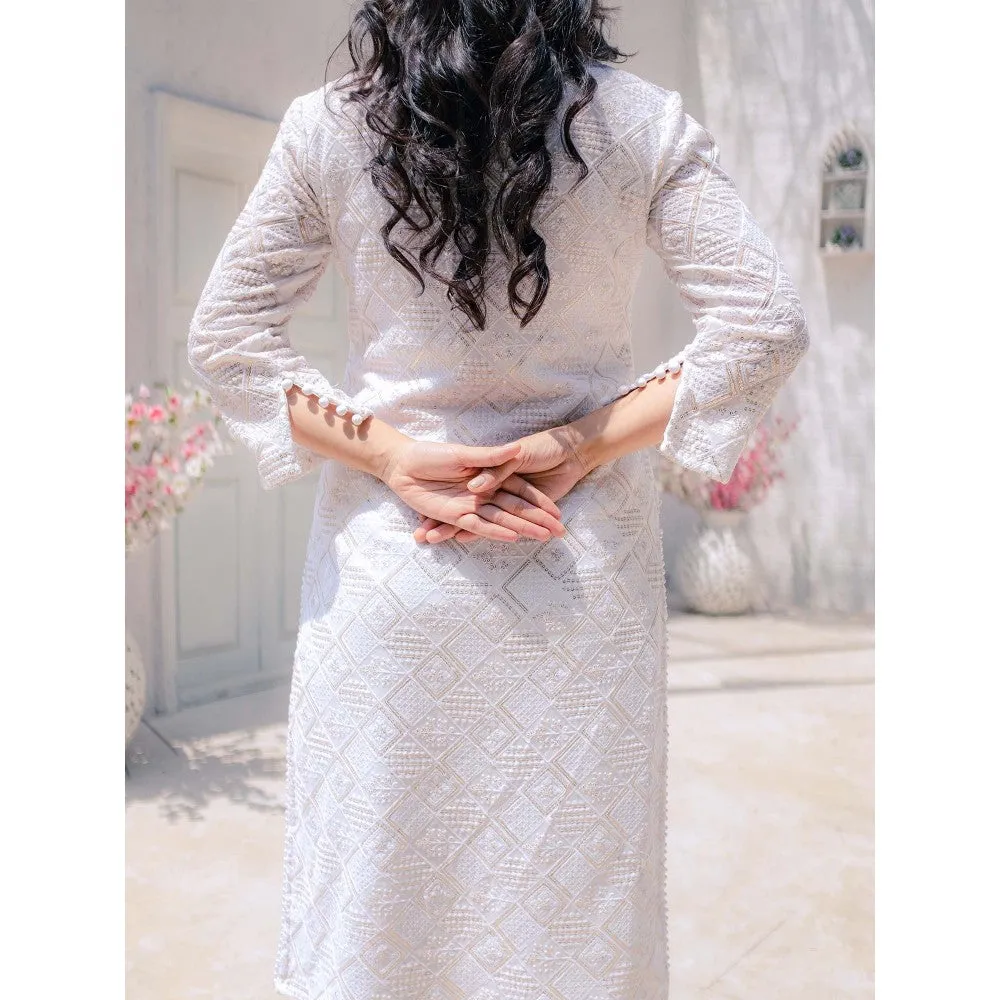 MONK & MEI Malak Straight Chikankari Kurta Pants & Dupatta- White (Set of 3)