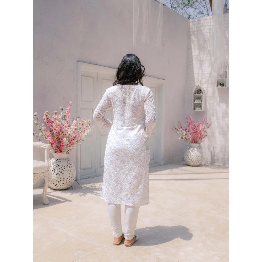 MONK & MEI Malak Straight Chikankari Kurta Pants & Dupatta- White (Set of 3)