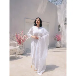 MONK & MEI Malak Straight Chikankari Kurta Pants & Dupatta- White (Set of 3)