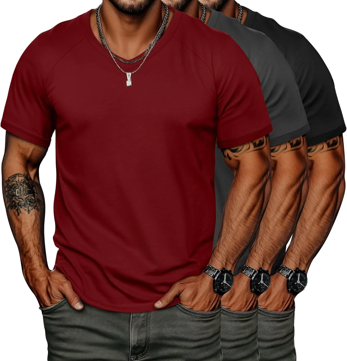 Neer 3 Pack Men's Big and Tall V Neck T-Shirts M-7X, 35% Cotton Short Sleeve Raglan Tops Casual Regular Summer Basic Tees