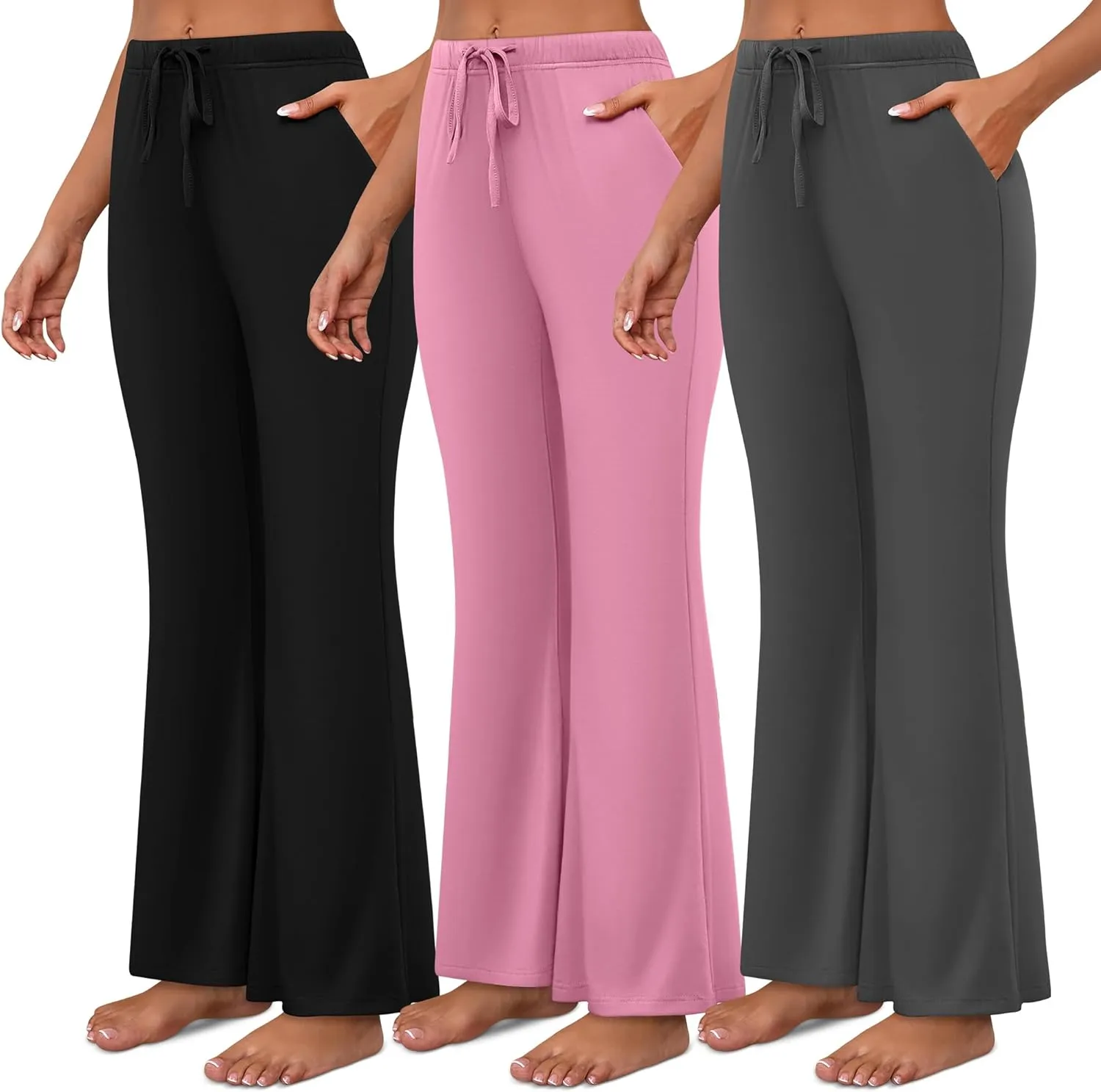 Neer 3 Pack Women's Wide Leg Palazzo Pants, High Waist Drawstring Sweatpants Flared Knit Yoga Pants Lounge Pants with Pockets