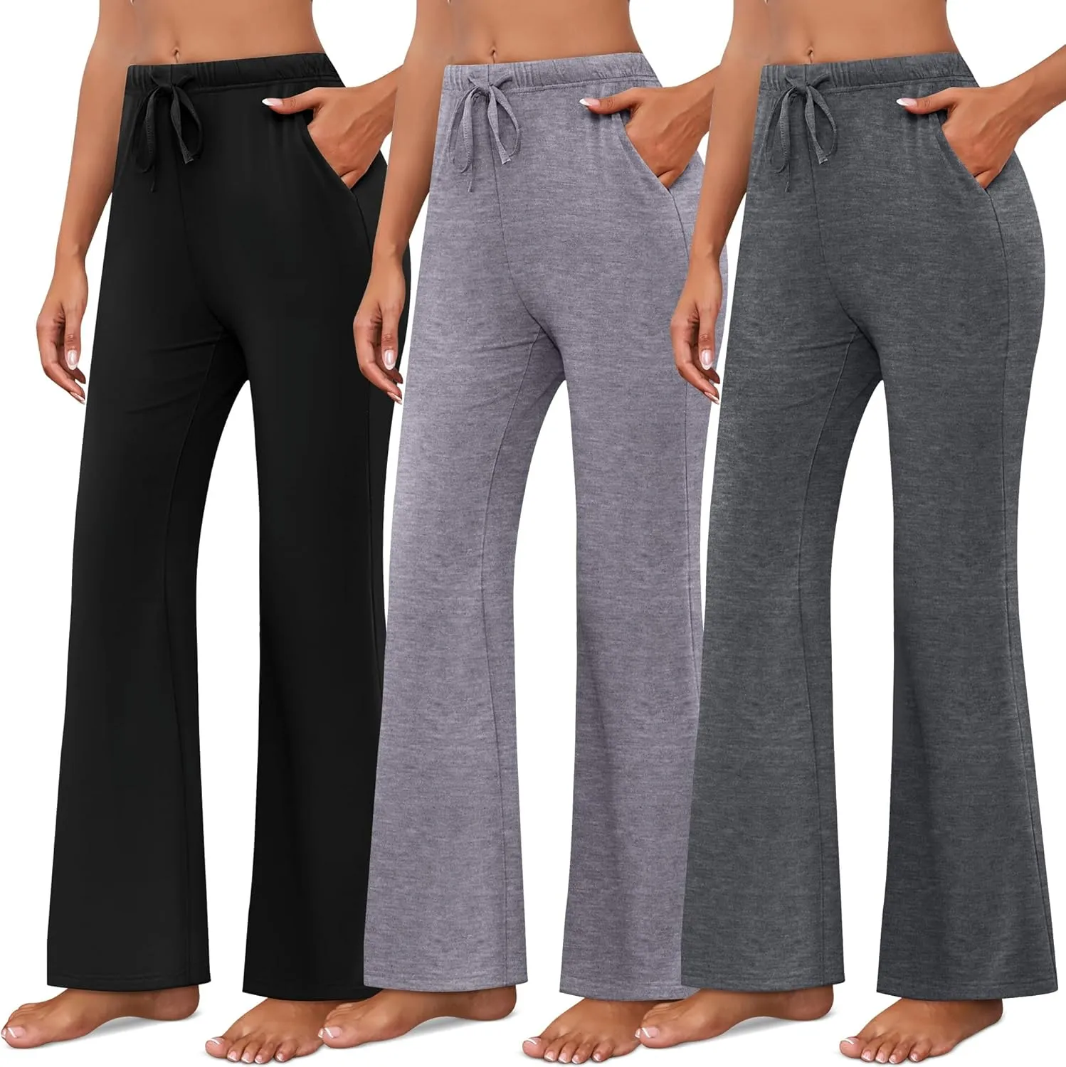 Neer 3 Pack Women's Wide Leg Palazzo Pants, High Waist Drawstring Sweatpants Flared Knit Yoga Pants Lounge Pants with Pockets
