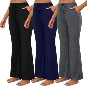 Neer 3 Pack Women's Wide Leg Palazzo Pants, High Waist Drawstring Sweatpants Flared Knit Yoga Pants Lounge Pants with Pockets