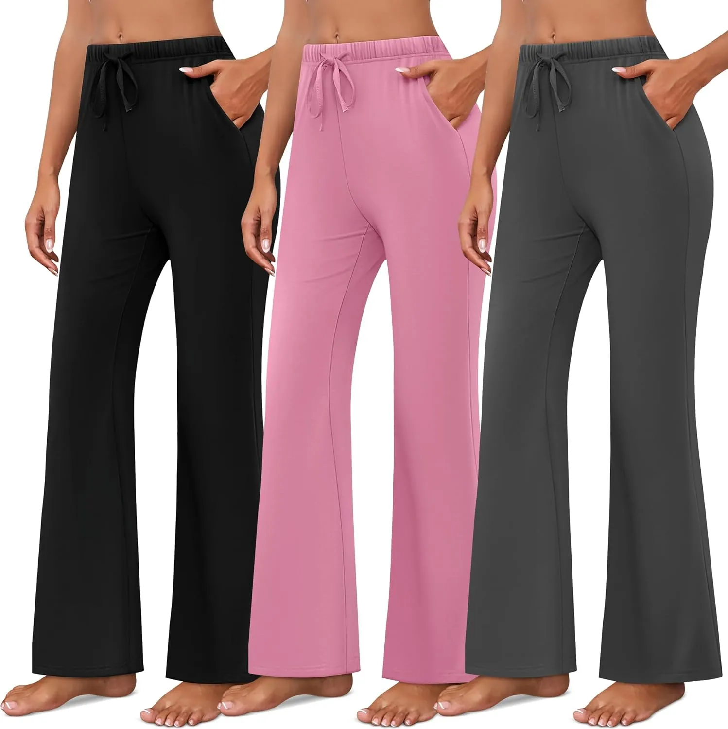 Neer 3 Pack Women's Wide Leg Palazzo Pants, High Waist Drawstring Sweatpants Flared Knit Yoga Pants Lounge Pants with Pockets