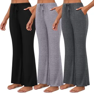 Neer 3 Pack Women's Wide Leg Palazzo Pants, High Waist Drawstring Sweatpants Flared Knit Yoga Pants Lounge Pants with Pockets